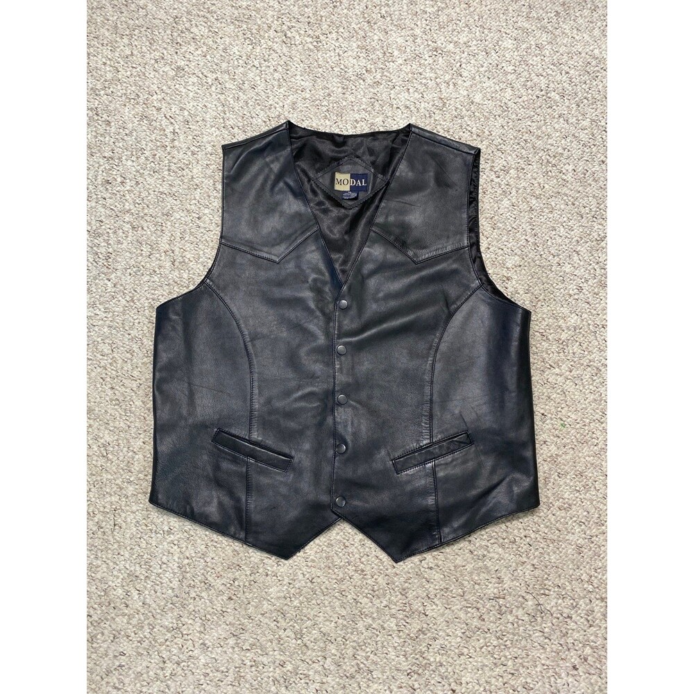 Modal Mens Black Leather Vest Size XL Biker Western‎ Cowboy
